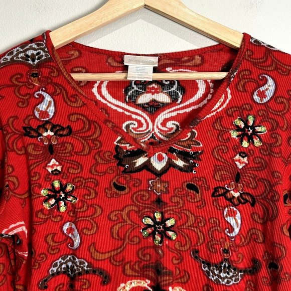 Pierre Cardin Womens Red Printed Y2K Paisley Print Sequin Blouse Size L Rib Knit - Picture 4 of 11